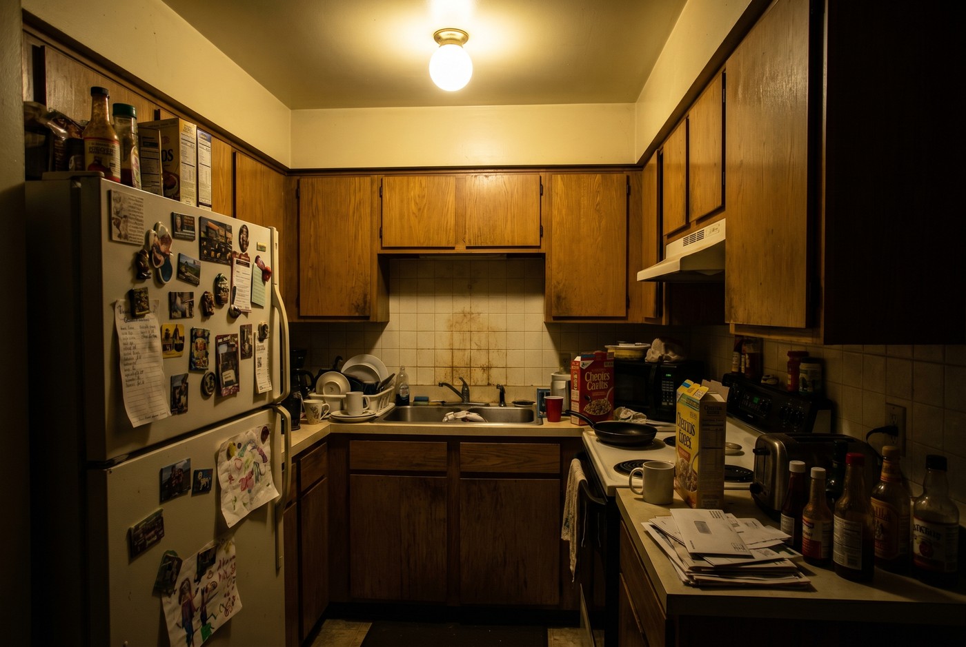 A dark cluttered kitchen with dishes, fridge magnets and scattered items before editing.